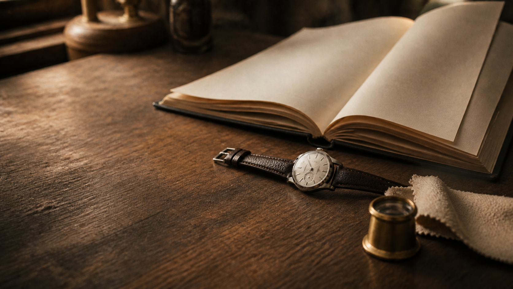 An unbranded wristwatch rests beside archival pages, a loupe, and a watch cloth on a worn wooden table.